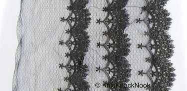 Black Net Lace Trim With Embroidered Flowers 12 inches wide, One Yard Lace Trims